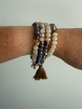 Lavendae & Neutral Beaded Stack Bracelet Set with Tassel
